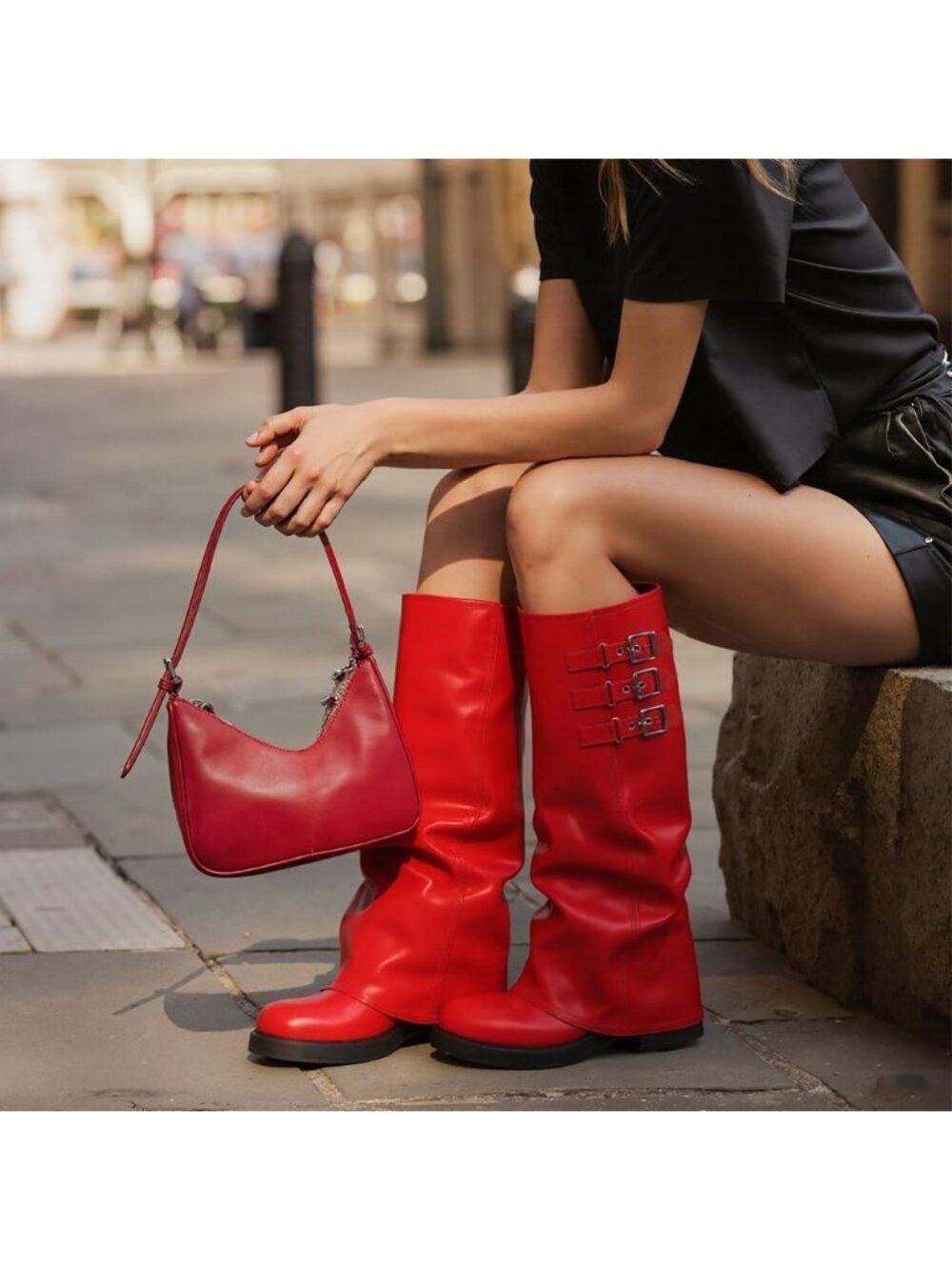 Women's Red Knee High Boots Platform Square Toe Slouchy Fold Over Tall Boots